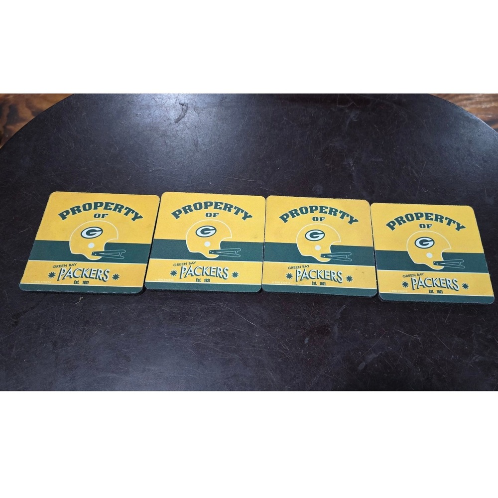 Green Bay Packers Coasters Set of 4 Property Of NFL Football Barware Green Gold